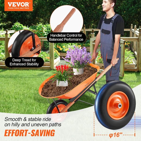 VEVOR Brouette de Jardin 140L Capacité de Charge 120 kg, Chariot de Jardin avec Poignée en Métal Roue Large 40 cm, Chariot Utilitaire à Chargement Facile pour Ferme, Pelouse, Extérieur