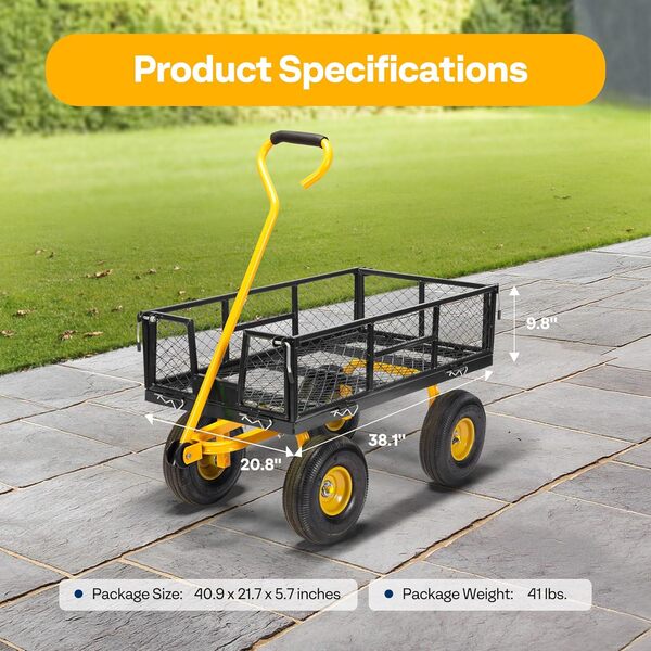 Chariot de Jardin jusqu'à 400kg Chariot à Main avec pneus pneumatiques de 4” Chariot de Jardin avec côtés Amovibles, Chariot de Transport avec poignée rotative à 180° pour Camping Festival