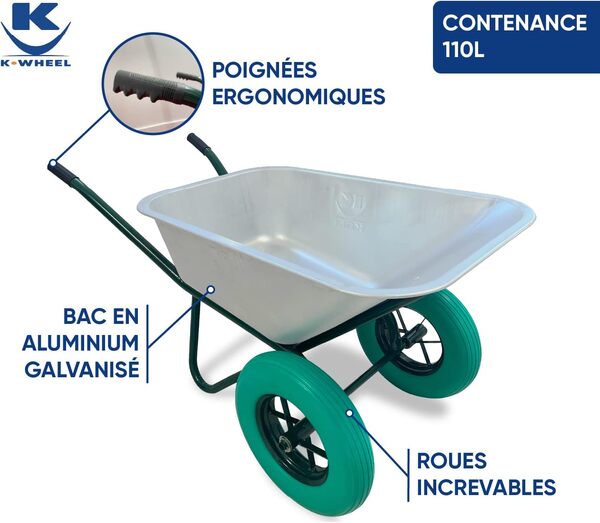 KELI - Brouette 2 Roues Increvables, 110L, Chariot de Transport, Poignées Ergonomiques, Usage Intensif, Acier Galvanisé