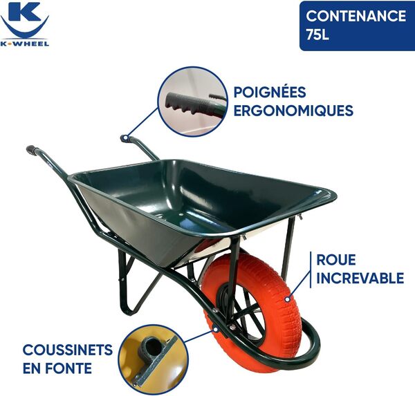 KELI - Brouette Rénovation Roue Increvable, 75L, Chariot de Transport, Poignées Ergonomiques, Usage Intensif