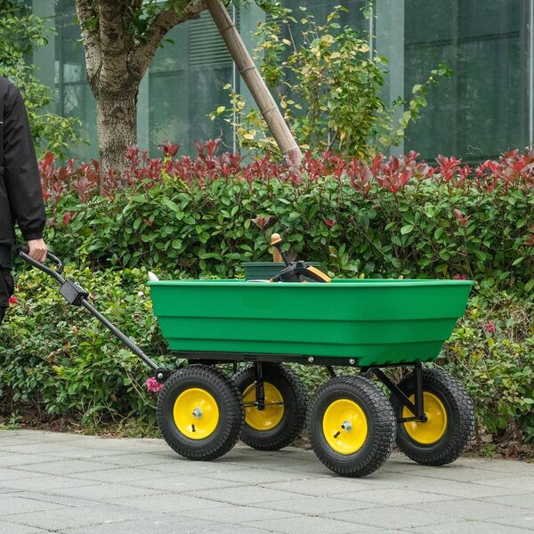 Outsunny Chariot de Jardin à Main Benne basculante 75° 125L Charge Max. 200 Kg 4 Roues pneumatiques Acier PP Jaune Vert