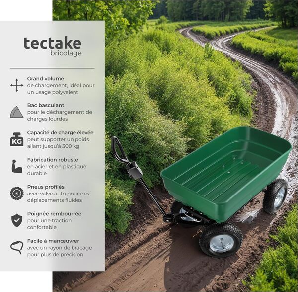 tectake® Chariot à roulettes Tout-Terrain Brouette Jardin 4 Roues avec Benne basculante Capacité Max. 125L Chariot à roulettes de Jardin Jardinage Charette pour Transport Sable, Bois