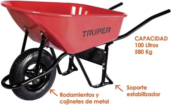 Truper Brouette métallique 100 litres jante pneumatique avec roulements pour chantier construction et jardin Capacité 580 kg