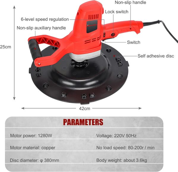 Hanchen Truelle Électrique Ponceuse Murale 1280W Polisseuse pour Ciment Mortier Béton Truelle Électrique Industrielle 6 Vitesses Réglables (Machine)