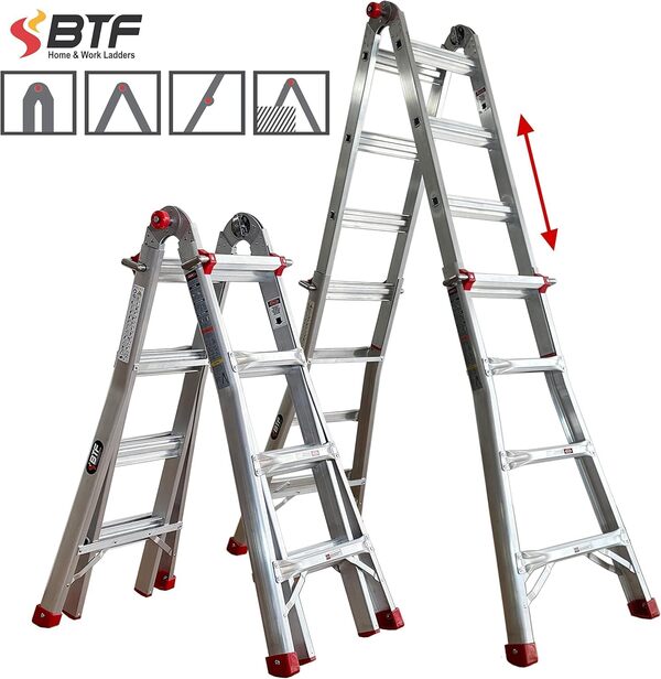 BTF - Échelle Multifonctionnelle Articulée Télescopique | Aluminium | 4 x 4 Marches | Extensible jusqu'à 4,0m, Taille en Ciseaux 2,02m | Certifiée EN131, Charge Max 150kg, Aluminium, TS4x4 Pro