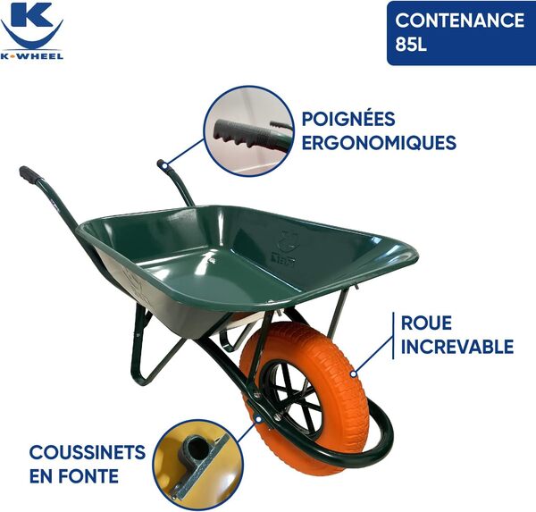 KELI - Brouette Tubulaire Roue Increvable, 85L, Chariot de Transport, Poignées Ergonomiques, Usage Intensif, Acier Renforcé Vert