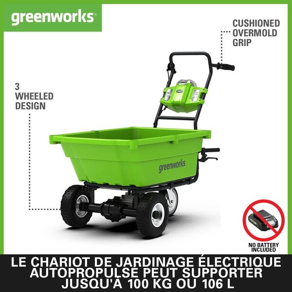 Greenworks G40GC Chariot de Jardín Électrique Sans Fil Autotracté, Brouette Électrique, Capacité de 100 KG, 106 L, Fonction de Basculement Facile, SANS Batterie Ni Chargeur 40 V, Garantie 3 Ans
