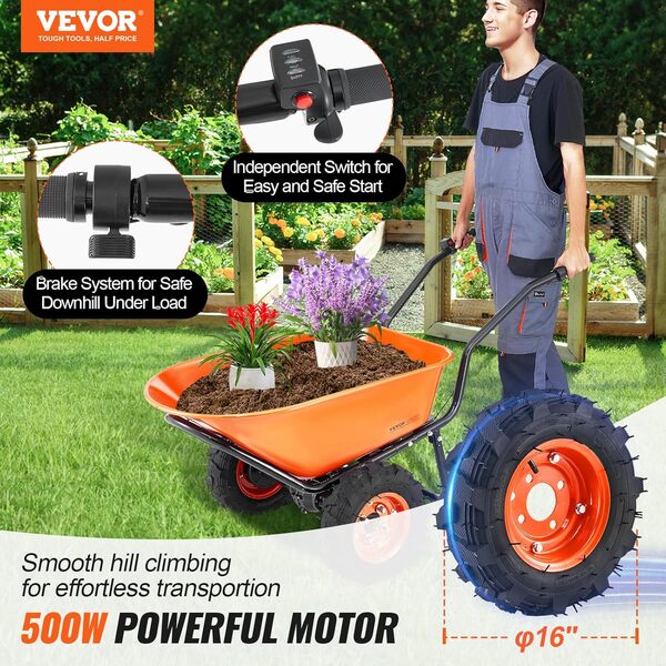 VEVOR Brouette Électrique 2 Roues Chariot de Jardin Motorisé 500 W, Poignée Métal, Roue Large 40 cm, 260 kg, Chariot Utilitaire Chargement Facile pour Ferme, Pelouse, Extérieur, Jardinage, Entrepôt