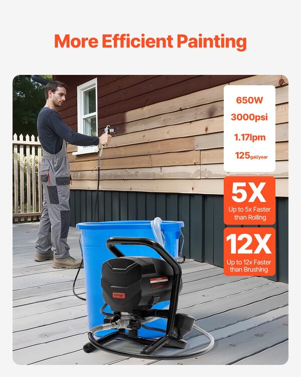 VEVOR Pulvérisateur de Peinture sans Air sur Pied, Pistolet de Peinture 650 W, Haute Pression 3000 PSI, Tige d'Extension et Kit de Nettoyage, pour Peinture Intérieure Extérieure Fournitures Clôtures