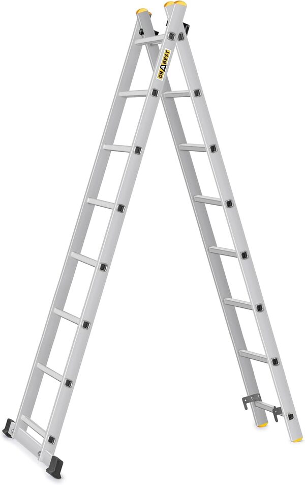 DRABEST Pro Échelle 3en1 en Aluminium - Échafaudage, Échelle Pliante, Échelle Polyvalente avec Plate-Forme de Travail et Crochet de Seau - Réglable en Hauteur, Pliable - 2X 8 Marches