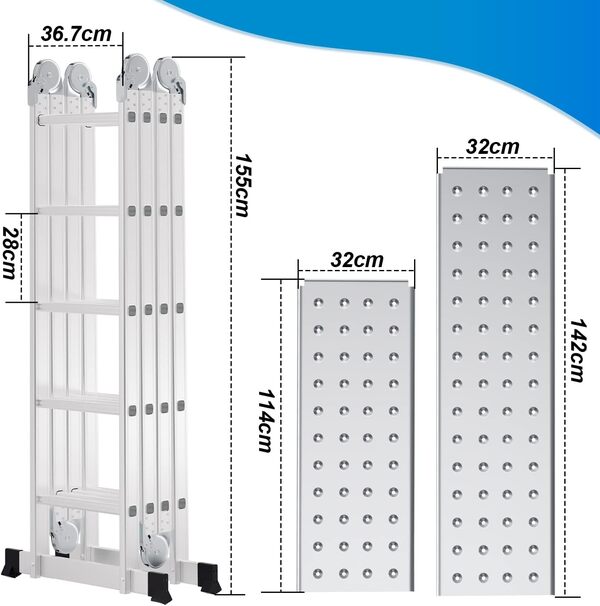 Ansobea Échelle multifonction en aluminium de 5,8 m - 4 x 5 marches - Échelle multifonction avec plateforme - Échelle avec 2 plaques d'échafaudage - Jusqu'à 150 kg - Échelle pliante 20 marches -