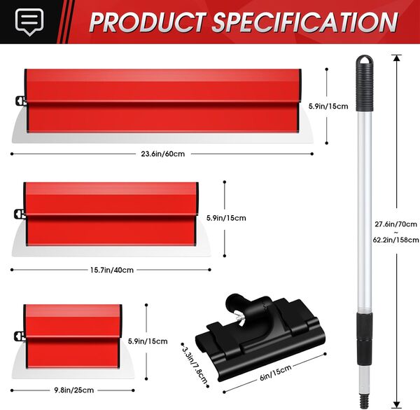 suokoun Spatule Enduit Lissage, Lame à Lisser en Acier Inoxydable avec Poignée d'extension pour Enduire les Murs et les Plafonds (25 cm, 40 cm, 60 cm)