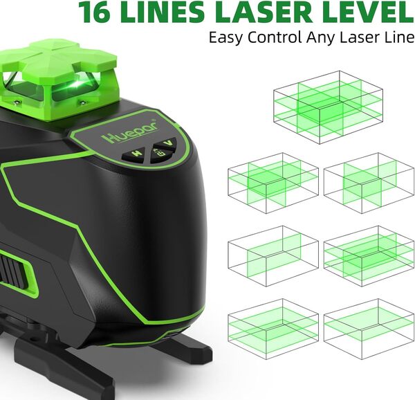Huepar Niveau Laser Auto-nivellement 16 Lignes 4x360°Laser de Lignes Croisées, Outil Laser Pour Carrelage Rechargeable Faisceau Vert 4D, 2x36°Horizontales&Verticales, Base de Levage Incluse S04CG-L