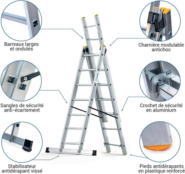 Echelle Transformable 3 Plans StablePro 3x7 marches Aluminium Extensible coulissante, 6 Positions, Hauteur Travail Max 5,00m, Garantie 5 Ans, Hostrom