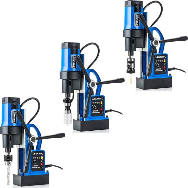 STAKO Perceuse magnétique 1800 W avec mallette ST-28RE Ø max. 80 mm – Force magnétique 16500N – Carotteuse portable pour travail des métaux avec Weldon 19 mm et mandrin 3-16 mm et support fileté M3