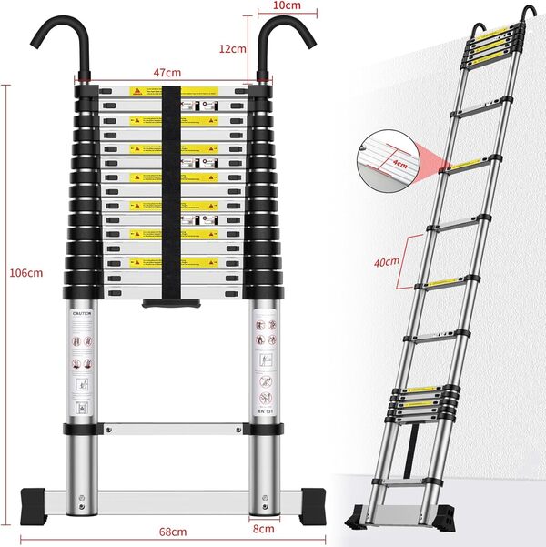 HUIYOPU Échelle télescopique de 6,2 m, échelle en Aluminium avec Crochets, Charge de Base Stable, Plusieurs hauteurs, Convient pour Les travaux légers dans Le Grenier, à la Maison, au Camping et Plus