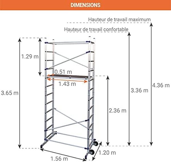 Echafaudage domestique : Hauteur de travail max 4.36m - PN/CLI
