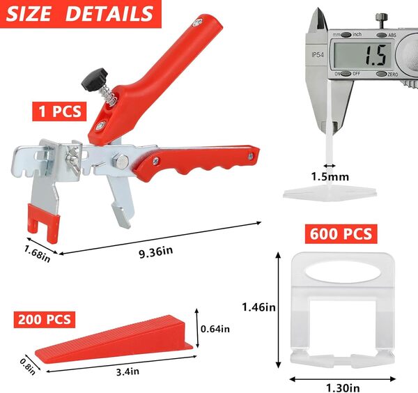 Kit de nivellement de carrelage de 0,6 cm, entretoises de carrelage et cales réutilisables – 600 clips et 200 cales et 1 pince à carrelage, mur pour sol et mur, avec une finition parfaitement plate