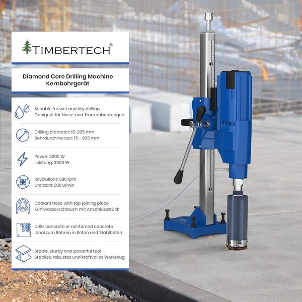 TIMBERTECH® Carotteuse à Diamant - avec Support, Diamètre de Perçage Max. 205 mm, 3900 W, 580 tr/min, Adapté au Forage à Sec et Humide, Béton - Perceuse, Carottier