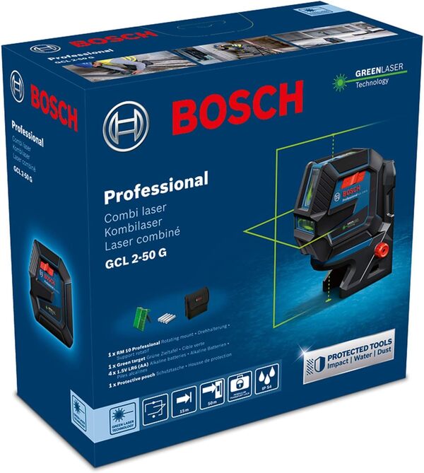 Bosch Professional Niveau Laser GCL 2-50 G (faisceau vert, d'intérieur, support RM 10, trépied BT 150, portée visible : jusqu’à 15 m, 4x piles AA, dans une boîte en carton)