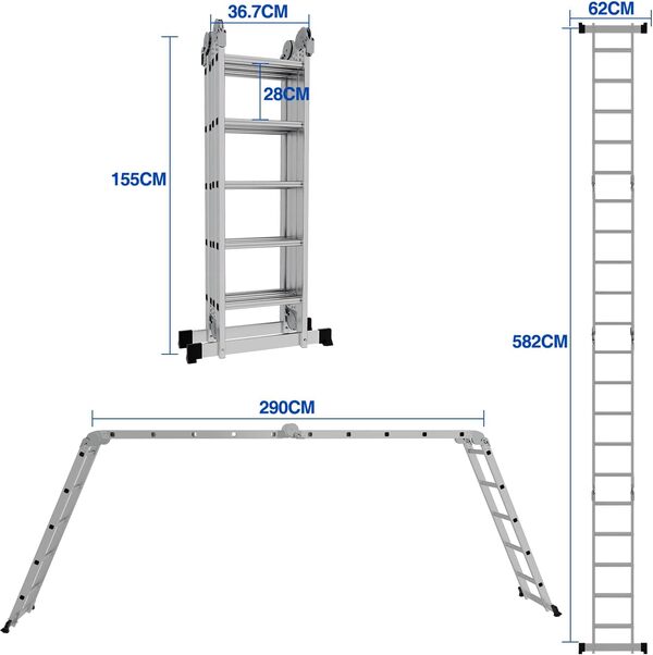Ikodm Échelle Multifonction en Aluminium 4 x 5 marches 5,82 m 7 en 1 jusqu'à 150 kg avec 2 roulettes de Transport et 2 Plateformes