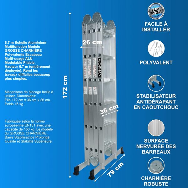 WORHAN Échelle de 6.7m Aluminium Multifonction Modèle de Grosse CHARNIÈRE Polyvalente Escabeau Multi-Usage ALU Modulable Pliable KS6.7