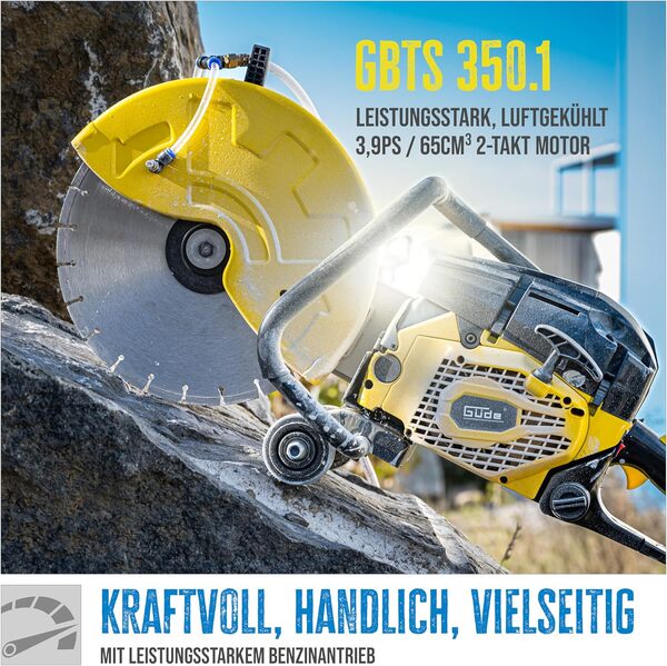 Güde GBTS 350.1 Coupe-béton (moteur 2 temps, 2,9/3,9 (kW/PS), course 65 cm³, profondeur de coupe max. 125 mm, diamètre de disque à tronçonner 350 mm, coupe humide et sèche, avec disque diamant et 3