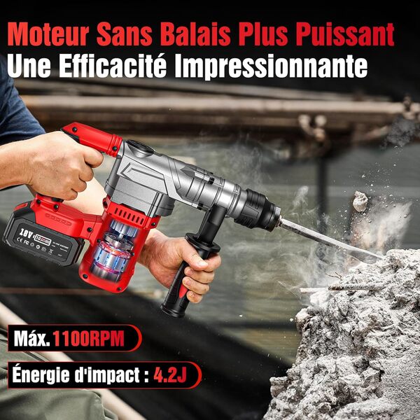 Avhrit Marteau Perforateur Sans Fil, Perforateur Sans Fil Puissant de 4,2 J, 4200 BPM avec 2 * 5.0 AH Batteries et Chargeur, Perceuse à Percussion 2-en-1 pour les Professionnels et les Bricoleurs