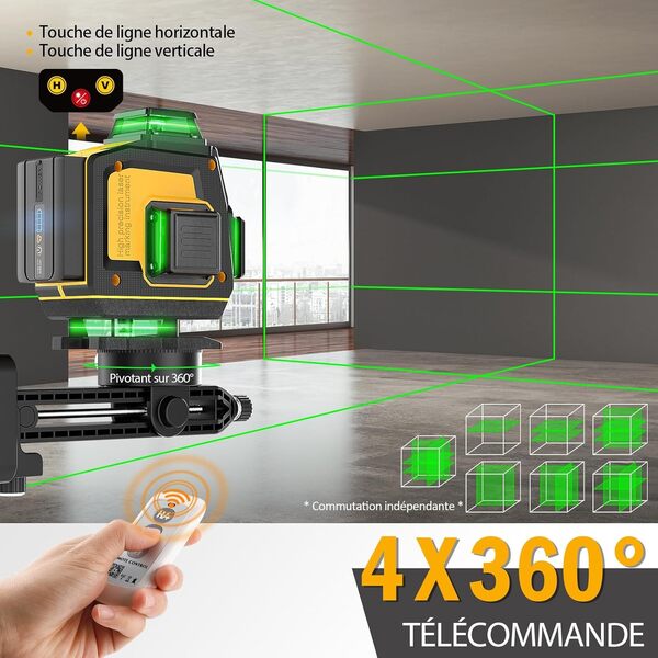 Niveau Laser Vert 4x360°(jusqu'à 37 h), SAVSEC Laser Chantier 4D 16 Lignes Laser, Lazer Niveaux 360 Autonivelant, Luminosité Réglable, Télécommande, Batterie Rechargeable