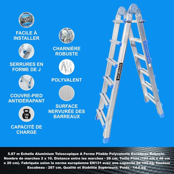 WORHAN Echelle de 587cm Aluminium Telescopique 5.87m A Forme Pliable Polyvalente Escabeau Robuste L6