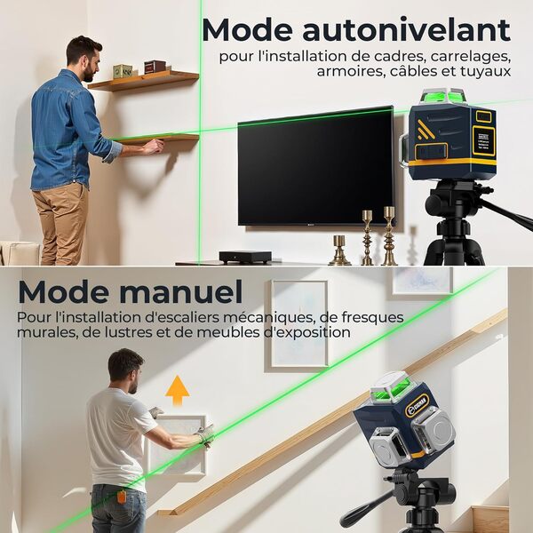 CIGMAN Niveau laser vert 3x360°, laser de chantier à nivellement automatique, distance 30m, 9 hours batterie Li-Ion, avec télécommande, support magnétique, trépied pivotant, sac de transport antichute