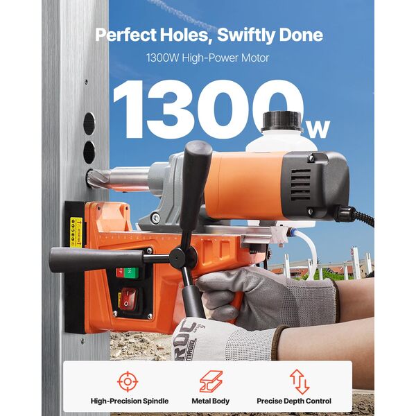 VEVOR Perceuse Magnétique Diamètre 40 mm Profondeur 50 mm Carotteuse à Diamant 1300 W 13000 N 810 tr/min Perceuse à Colonne Trou Net pour Rénovation Maison Construction de Navire Chemin de Fer Pont