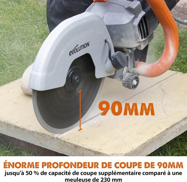 Evolution Power Tools Scie à Béton Pour couper le Béton, Pierre, Brique, les tuiles et autres - 2000W électrique, pas de Gaz, 90 mm de Coupe, avec Lame Diamant 230mm - R230DCT
