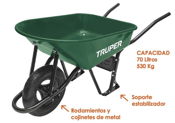 Truper Brouette de chantier étroite 70 litres Jante pneumatique légère avec roulements 530 kg de capacité