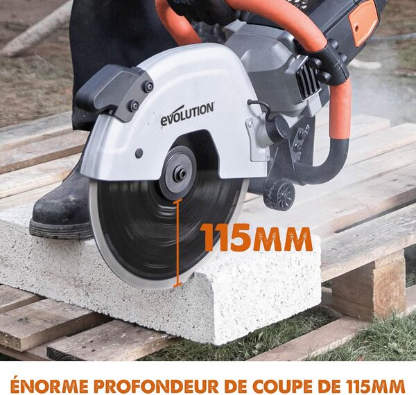 Evolution Power Tools Scie à Béton Pour couper le Béton, Pierre, Brique, les tuiles et autres - 2400W électrique, pas de Gaz, 115mm de Coupe, avec Lame Diamant 300mm - R300DCT