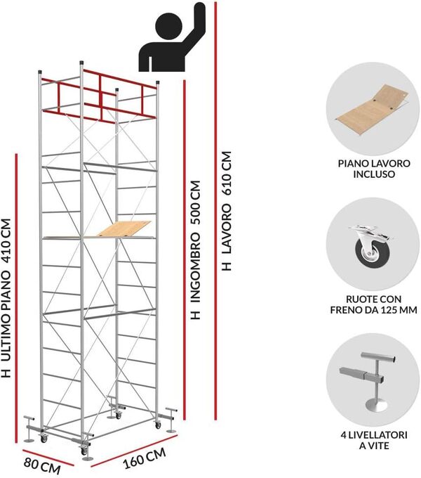 Échafaudage hauteur de travail 6,10m en acier série FAST AVEC JACK DE NIVELLEMENT Made en Italy | SCEDIL