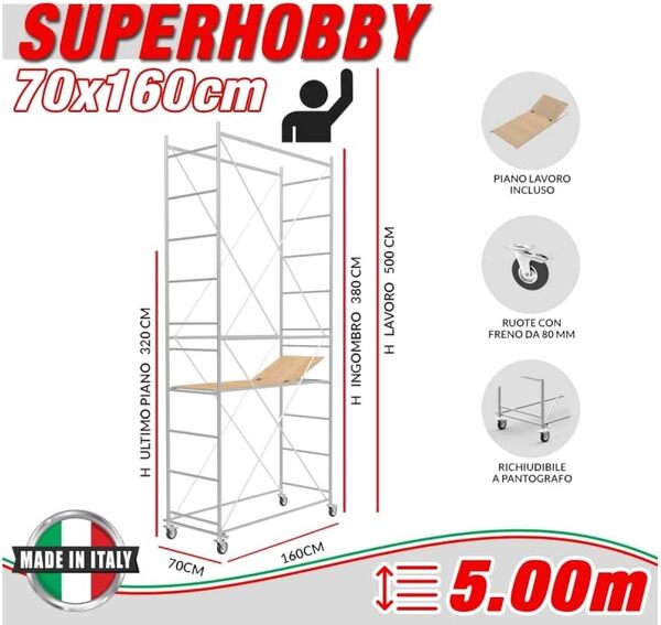 SC Edil Fabbrica Trabattelli Échafaudage, hauteur de travail 5 m, en acier, série SUPER HOBBY, fabriqué en Italie, I SCEDIL