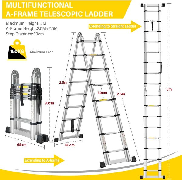 STANEW Échelle télescopique de 5m(2.5+2.5), Echelle Pliante 2 en 1, Escabeau Télescopique en Aluminium, Échelle Pliable avec Travail à l'intérieur et à l'extérieur, Charge 150 kg, Argenté