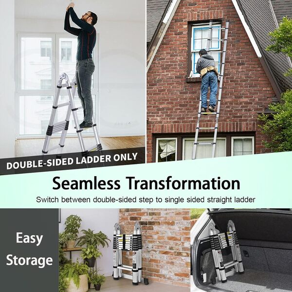 COOCHEER Échelle télescopique de 5 m - Échelle Pliante Multifonction en Aluminium - Idéale pour Les travaux intérieurs et extérieurs - Charge maximale : 150 kg, Argenté