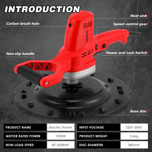 NEWTRY Taloche électrique pour mortier Truelle de maçon, Lisseuse portable pour enduit mural, Bétonnière multifonction, avec éponge Papier abrasif Disques de rechange et fouet à mortier
