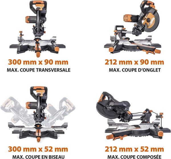Evolution Power Tools Scie à Onglet Coulissante avec Caractéristiques PLUS - 45-45˚ Double Biseau, 50-50˚ Onglet - Coupe Multi-Matériaux - Le Bois, Plastique, Métal Lame Incluse 255mm - R255SMS-DB+