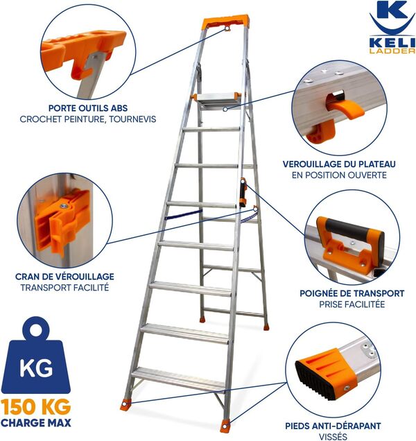 KELI - Échelle Pliable, Escabeau, Marchepied, Fabriqué en Aluminium, Qualité Professionnelle, Poignée de Transport Confort, Porte Outils ABS (8 Marches (Travail à 3,85m))