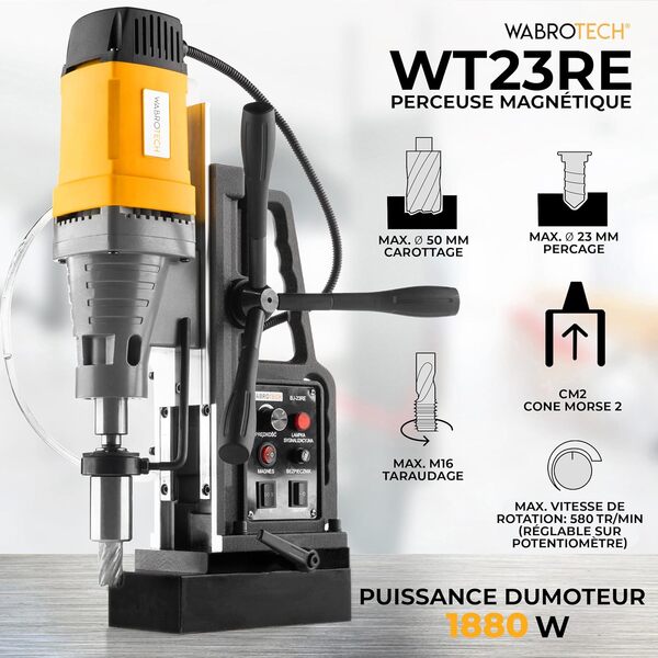 WABROTECH® WT23RE Perceuse Magnétique 50 mm - Carotteuse à Diamant 580 tr/min - Carotteuse Diamant Portative M3-M16 pour le Travail des Métaux - Perceuse Aimantée 1880 W - Foreuse Magnétique 13000 N