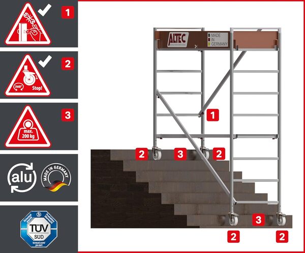 ALTEC Rollfix® 2.0 700 | 7m de hauteur de travail | Roues pivotantes avec frein (Ø125mm) | Ancrage mural | Made in Germany | TÜV | Charge admissible 200kg/m² | DIN EN 1004-1 | Echafaudage aluminium
