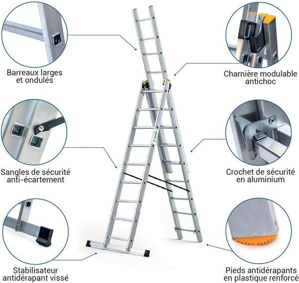 Echelle transformable 3 plans StablePro 3x9 marches aluminium extensible coulissante, 6 positions, hauteur travail max 6,10m, garantie 5 ans, Hostrom