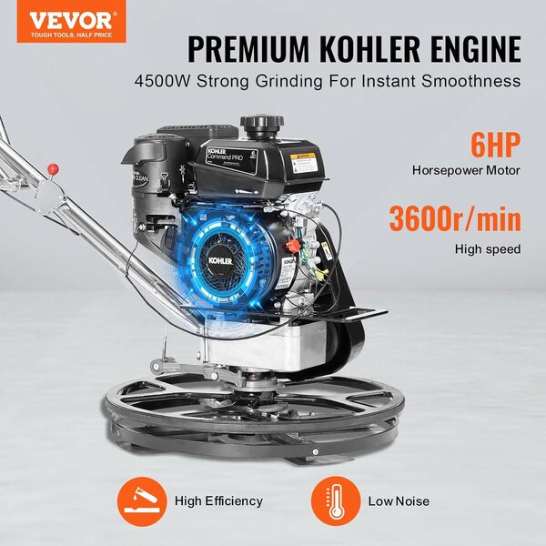 VEVOR Truelle mécanique, 610 mm, truelle à ciment à conducteur marchant à essence 6 CV commerciale robuste avec plateau flottant, lame de truelle pour finition surfaces en béton lisses, ciment à béton