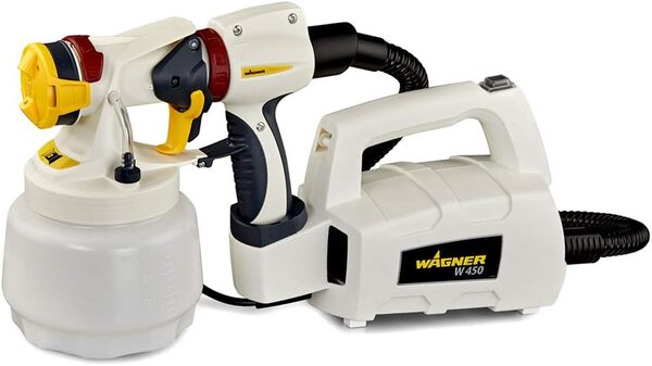 WAGNER Pistolet à peinture W 450 pour les peintures murales à base d'eau et solvants, 15 m²-10 min, réservoir de 1300 ml, 460 W, tuyau 1,8 m + 2361738 Wood Metal Extra Brilliant Façade amovible