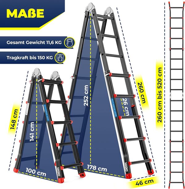 Masko® Aluminium Echelle télescopique Echelle multifonctionnelle Echelle en aluminium Echelle Pliante Echelle d'appui