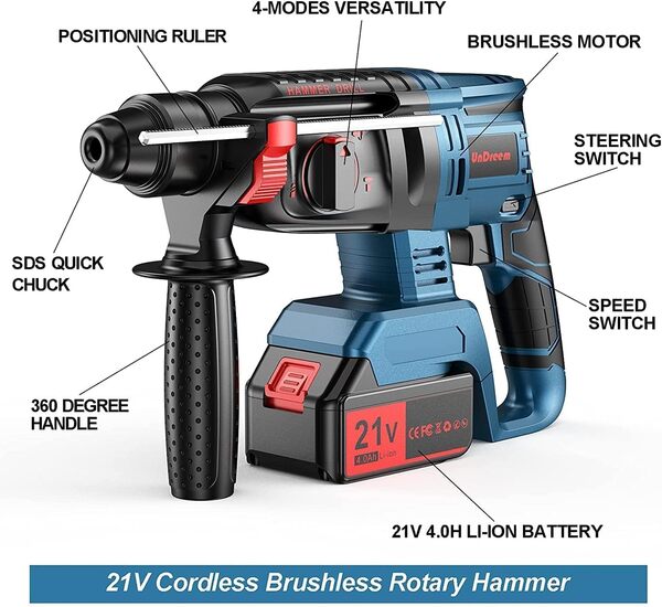 Marteau Perforateur Sans fil avec Aeux Batteries de Rechange 21 V 4000 mAh, Fonctions 4 en 1, Adaptateur SDS-plus avec Mandrin de Perçage, pour Perforateur