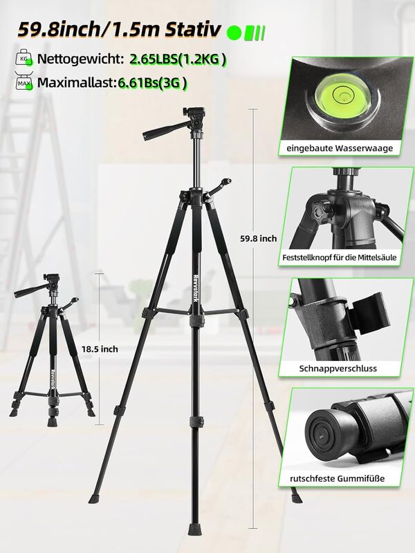 Niveau Laser mit répied,3×360 Laser Chantier Vert 12 Lignes Autonivelant de Niveaux, rotatif avec 150cm/59